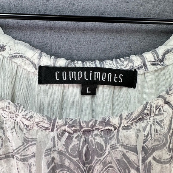 Whimsical Soft Sheer Silky Peasant‎ Blouse Floral 3/4 Sleeves Size L White Gray - Picture 8 of 11